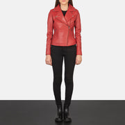 Close-Up Detail of Notch & Zipper Hardware on Women's Flashback Red Leather Biker Jacket