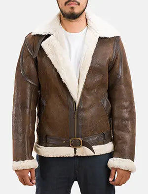 Men's Forest Double Face جاكيت فرو شيرلينج رجالي in Distressed Brown Sheepskin Leather - Front Profile View &amp; Tailored Silhouette | Buy Online