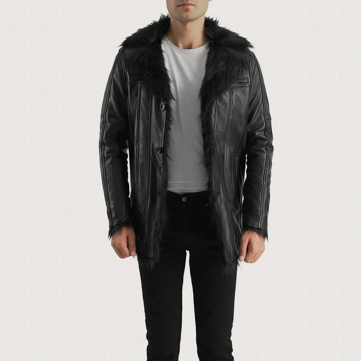 Men's Furcliff أسود معطف جلد رجالي - Lateral Side Profile View Showing Sleeve Cut &amp; Athletic Taper Fit