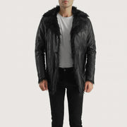 Men's Furcliff أسود معطف جلد رجالي - Lateral Side Profile View Showing Sleeve Cut &amp; Athletic Taper Fit