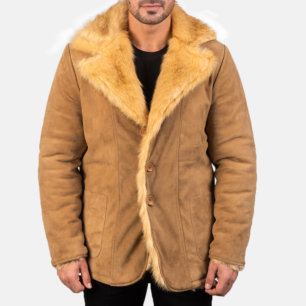 Men's Furlong Beige Leather Coat in Beige Goatskin Suede - Front Profile View &amp; Tailored Silhouette | Buy Online