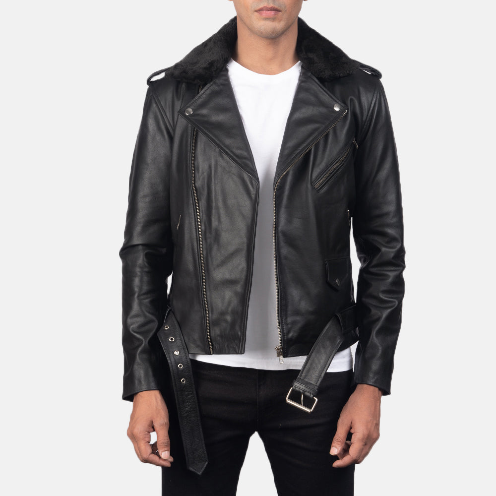 Men's Furton Black Leather Biker Jacket in Black Cowhide Leather - Front Profile View &amp; Tailored Silhouette | Buy Online