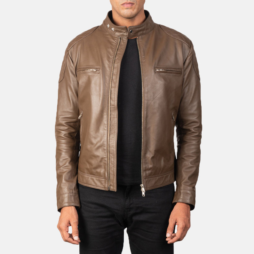 Gatsby Mocha Leather Biker Jacket in Dark Brown Sheepskin Leather - Front Profile View & Tailored Silhouette | Buy Online