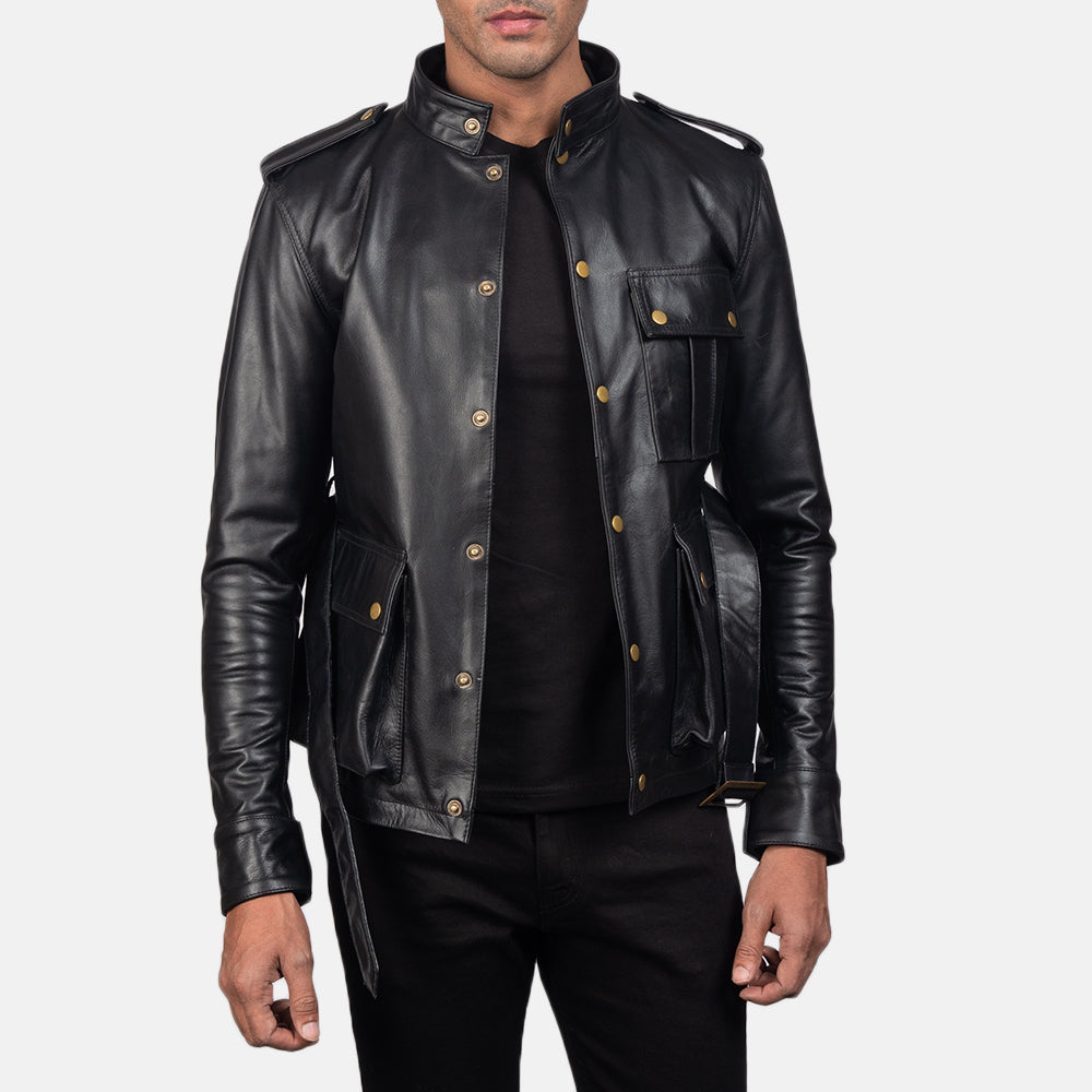 Germain أسود جاكيت جلد رجالي - Lateral Side Profile View Showing Sleeve Cut &amp; Athletic Taper Fit