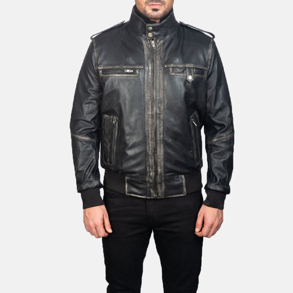 Glen Street أسود جاكيت بومبر جلد رجالي in Black Cowhide Leather - Front Profile View &amp; Tailored Silhouette | Buy Online