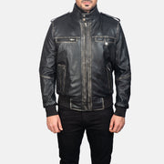 Glen Street أسود جاكيت بومبر جلد رجالي in Black Cowhide Leather - Front Profile View &amp; Tailored Silhouette | Buy Online