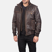 Men's Street Brown Leather Bomber Jacket in Brown Goatskin Leather - Front Profile View &amp; Tailored Silhouette | Buy Online