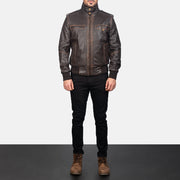 Men's Street Brown Leather Bomber Jacket - Lateral Side Profile View Showing Sleeve Cut &amp; Athletic Taper Fit