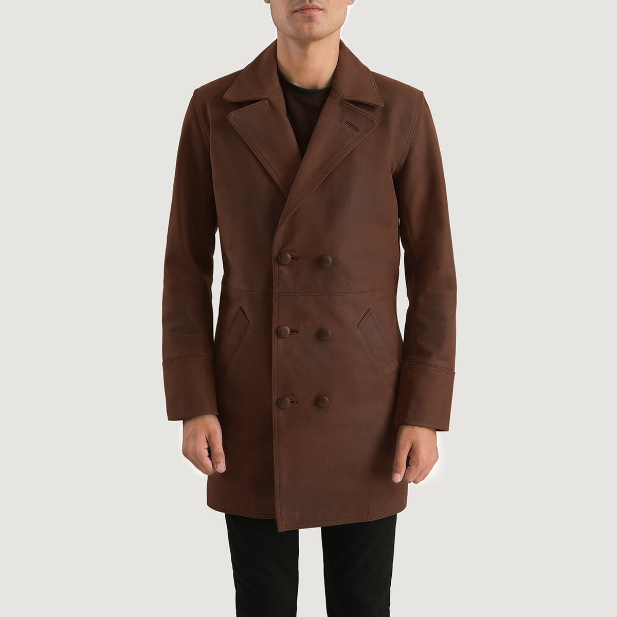 Men's Half Life بني معطف جلد رجالي in Distressed Brown Cowhide Leather - Front Profile View &amp; Tailored Silhouette | Buy Online