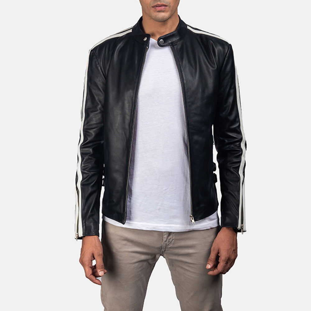 Hank أسود جاكيت بايكر جلد رجالي in Black &amp; White Cowhide Leather - عرض أمامي وقصة مفصلة أنيقة | تسوق أونلاين