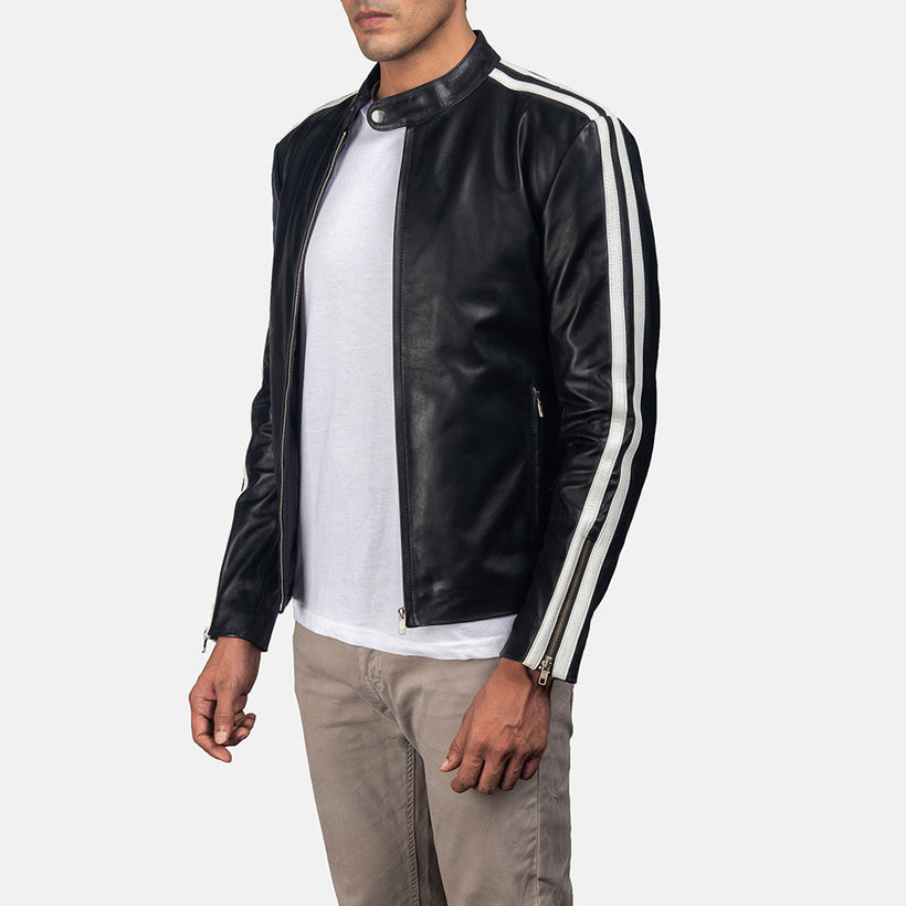 Black & White Cowhide Leather Biker Jacket - Back View Showing Tailored Shoulder Fit & Clean Hemline
