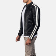 تفاصيل مقربة of Band with snap button &amp; Zipper Hardware on Hank أسود جاكيت بايكر جلد رجالي