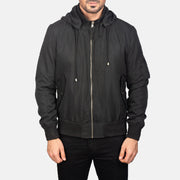 Close-Up Detail of Knit Rib with Removable Polyester Hood & Zipper Hardware on Men's Hanklin Ma-1 Black Hooded Bomber Jacket