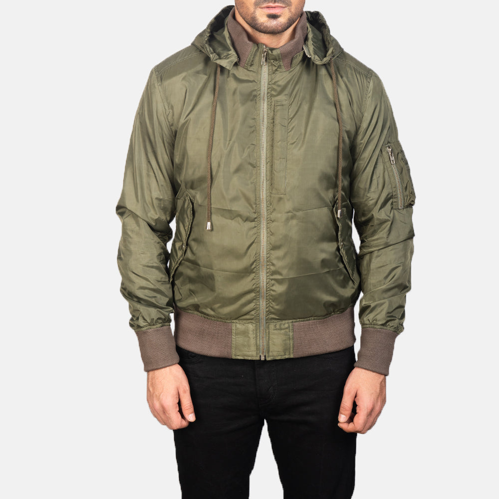 
تفاصيل مقربة of Knit Rib with Removable Nylon Hood & Zipper Hardware on Hanklin Ma-1 Green Hooded Bomber Jacket