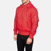 
Red Nylon Bomber Jacket - عرض خلفي يوضح تفصيل الأكتاف المتقن والحاشية النظيفة