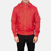 
تفاصيل مقربة of Knit Rib with Removable Nylon Hood & Zipper Hardware on Hanklin Ma-1 Red Hooded Bomber Jacket