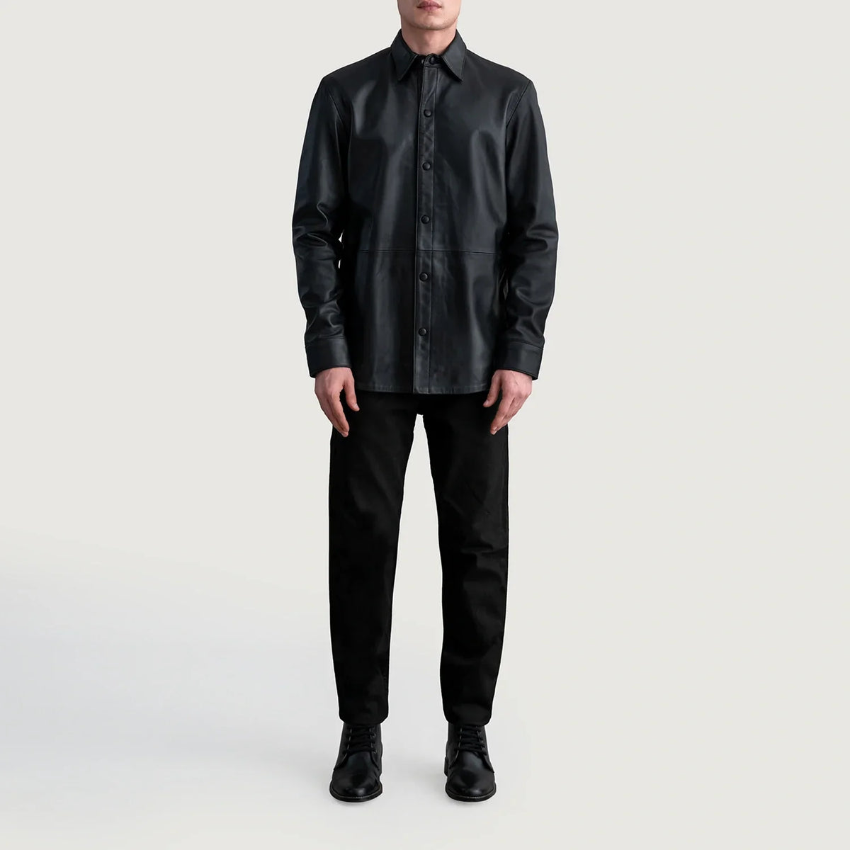 Close-Up Detail of Shirt &amp; Leather Buttons Hardware on Haven Black Leather Shirt