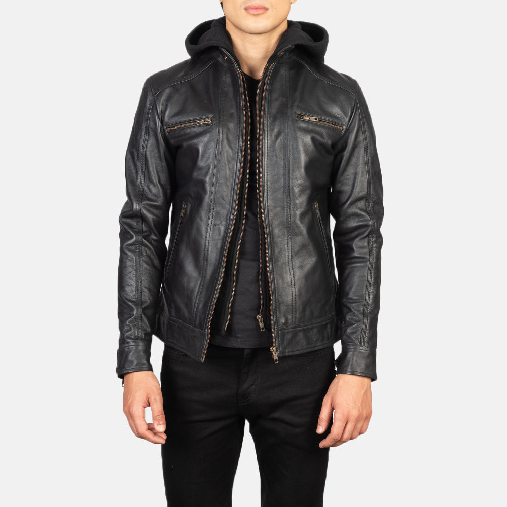 
Hector أسود Hooded جاكيت بايكر جلد طبيعي رجالي in Black Cowhide Leather - عرض أمامي وقَصّة مفصلة أنيقة | شراء أونلاين عبر المتجر الرسمي