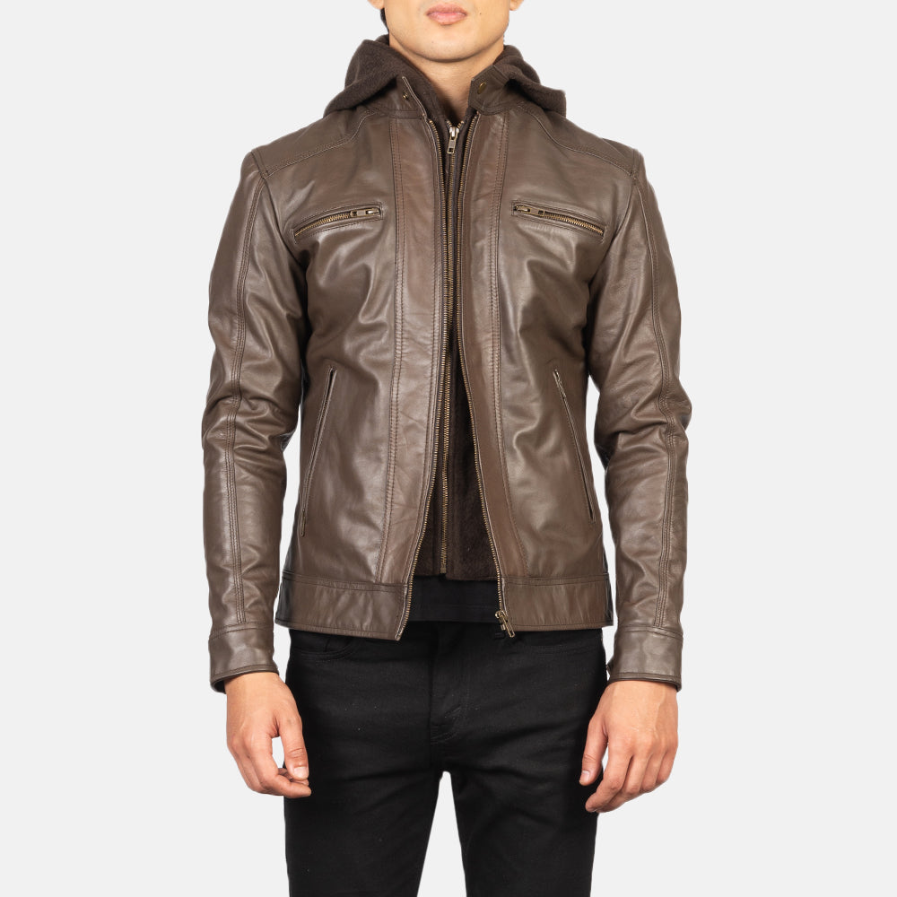 Men's Hector بني Hooded جاكيت بايكر جلد رجالي in Brown Cowhide Leather - Front Profile View &amp; Tailored Silhouette | Buy Online