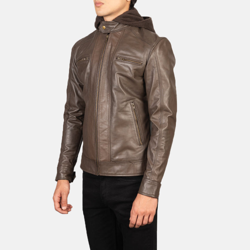 Brown Cowhide Leather Biker Jacket - Back View Showing Tailored Shoulder Fit & Clean Hemline