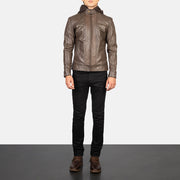 Men's Hector بني Hooded جاكيت بايكر جلد رجالي - Lateral Side Profile View Showing Sleeve Cut &amp; Athletic Taper Fit