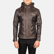 
تفاصيل مقربة of Band with Snap Button & Zipper Hardware on Hector Vintage بني Hooded جاكيت بايكر جلد طبيعي رجالي