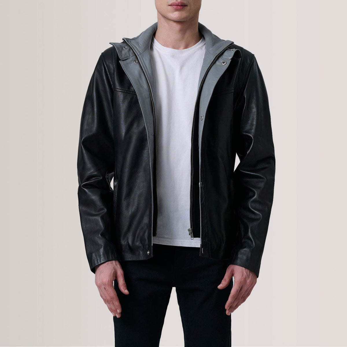 Henrik Grey Suede Cafe Racer For Men in Grey Goatskin Suede - Front Profile View &amp; Tailored Silhouette | Buy Online