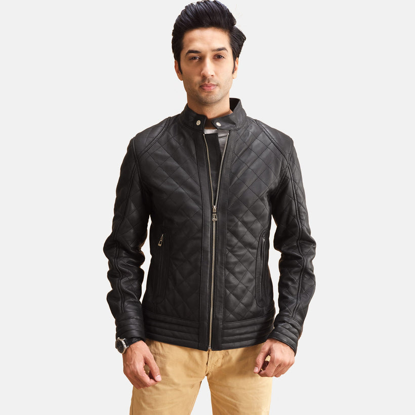 Henry Quilted Black Leather Jacket in Black Sheepskin Leather - Front Profile View & Tailored Silhouette | Buy Online