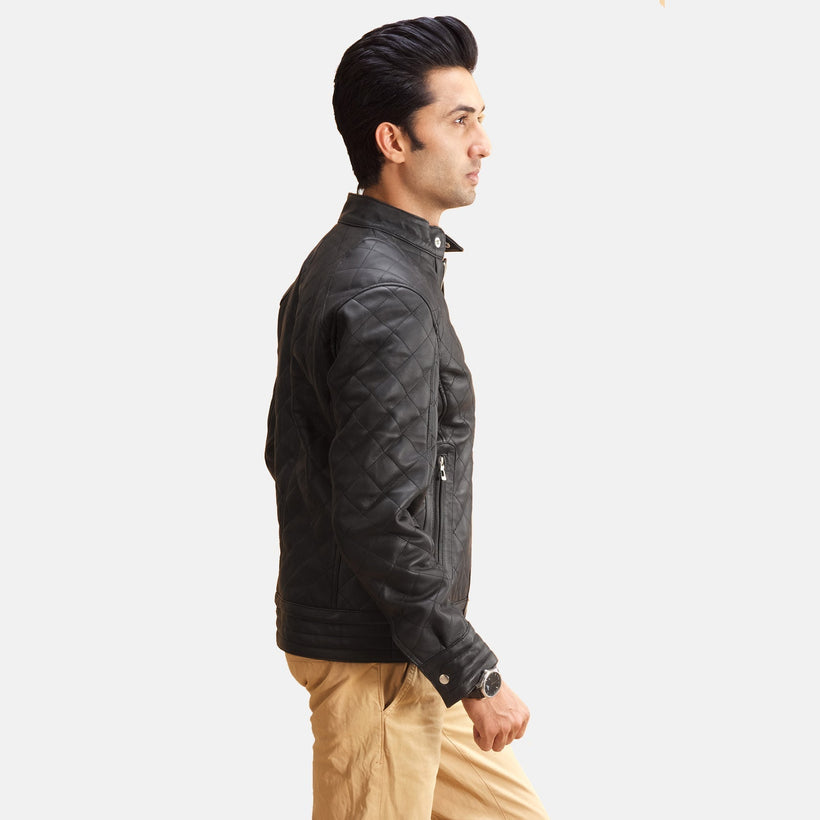 Black Sheepskin Leather Biker Jacket - Back View Showing Tailored Shoulder Fit & Clean Hemline