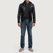 Men's Highschool Black Leather Jacket - Lateral Side Profile View Showing Sleeve Cut &amp; Athletic Taper Fit