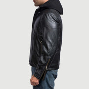 Close-Up Detail of Band with snap button &amp; Zipper Hardware on Men's Highschool Black Leather Jacket