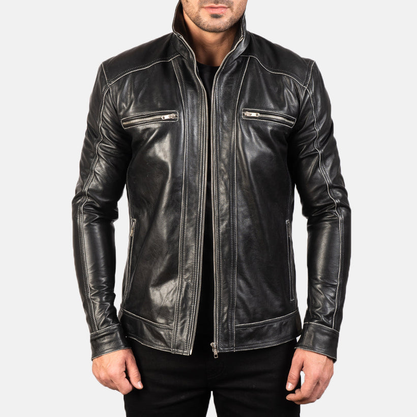 Hudson Black Leather Biker Jacket in Black Cowhide Leather - Front Profile View & Tailored Silhouette | Buy Online
