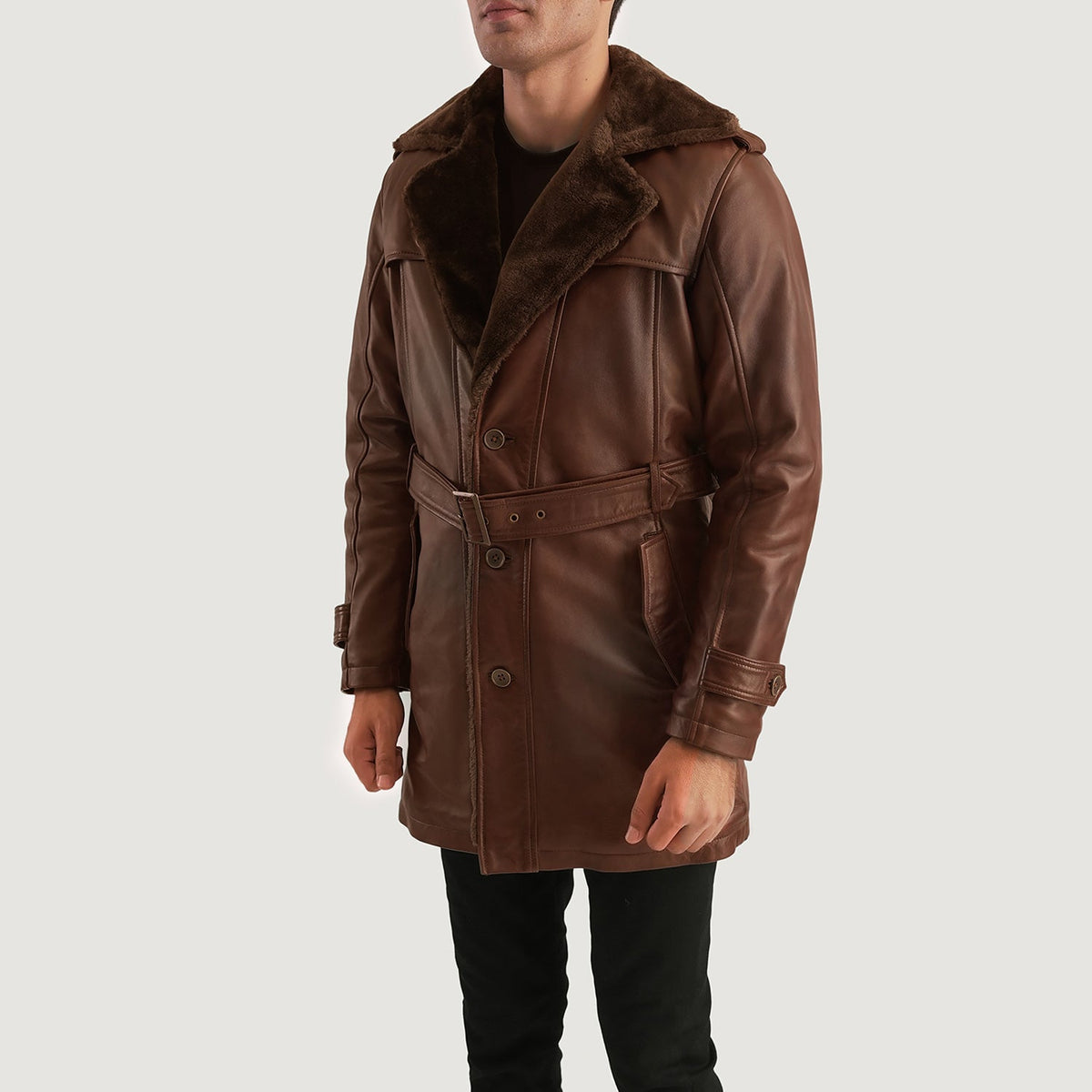 Distressed Brown Sheepskin Burnishing Winter Jacket - Back View Showing Tailored Shoulder Fit &amp; Clean Hemline