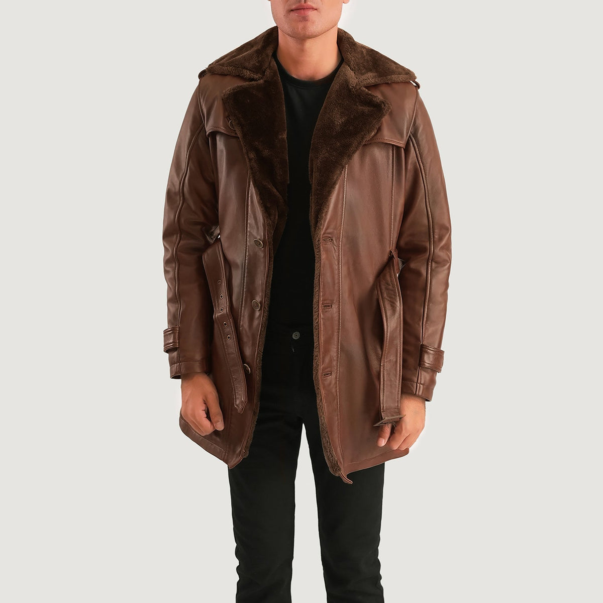 Men's Hunter Distressed بني Fur معطف جلد رجالي - Lateral Side Profile View Showing Sleeve Cut &amp; Athletic Taper Fit