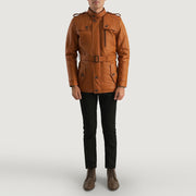 Hunter بيج بني Fur جاكيت جلد رجالي - Lateral Side Profile View Showing Sleeve Cut &amp; Athletic Taper Fit