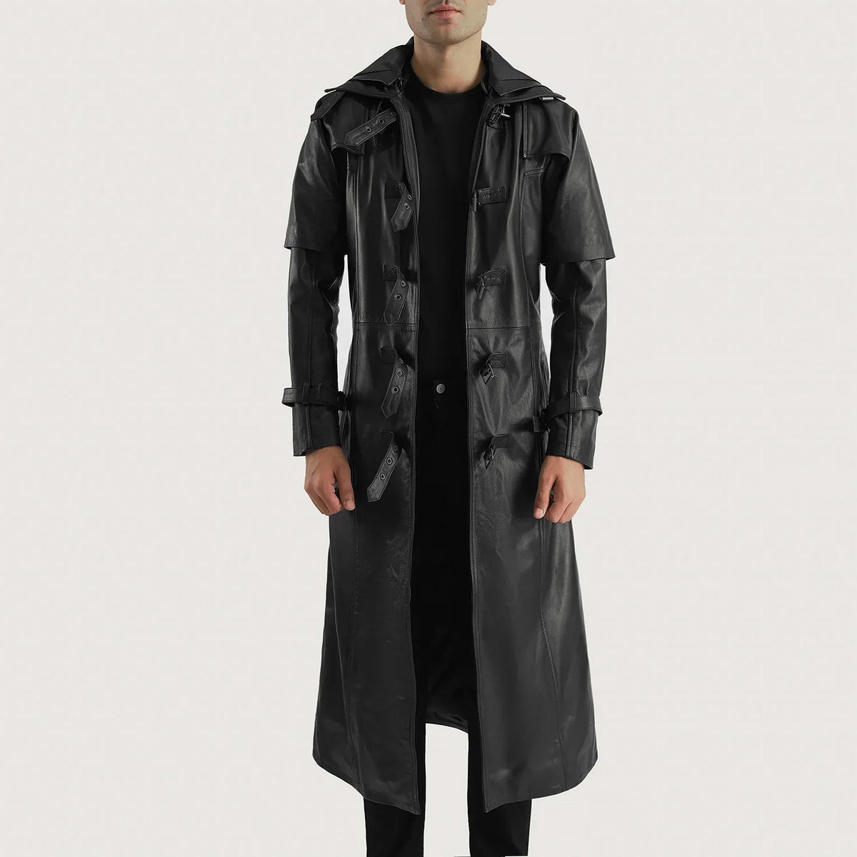 
Huntsman أسود Hooded معطف ترنش جلد رجالي in Black. Cowhide Leather - عرض أمامي وقَصّة مفصلة أنيقة | شراء أونلاين عبر المتجر الرسمي