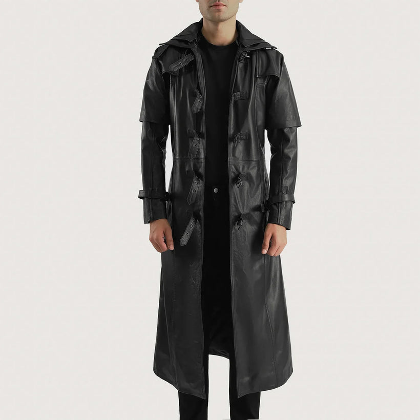 Huntsman أسود Hooded معطف ترنش جلد رجالي