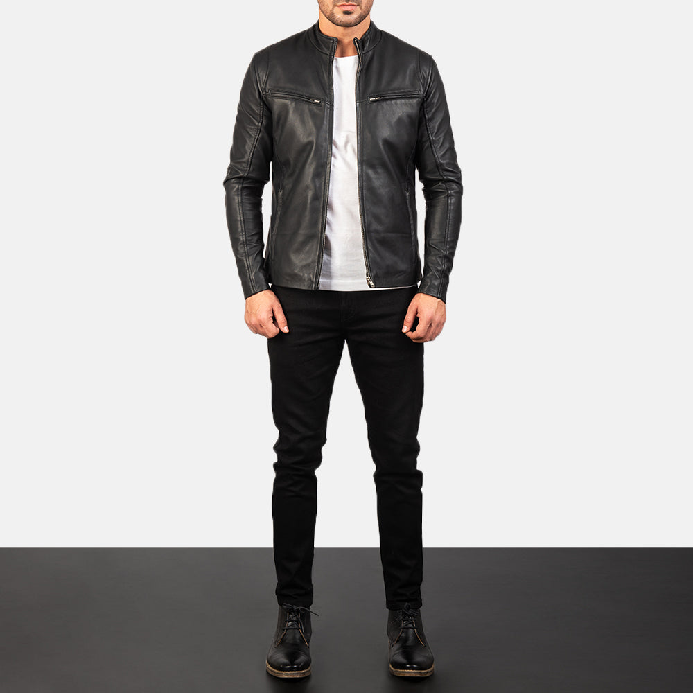 Men's Ionic Black Leather Jacket - Lateral Side Profile View Showing Sleeve Cut &amp; Athletic Taper Fit
