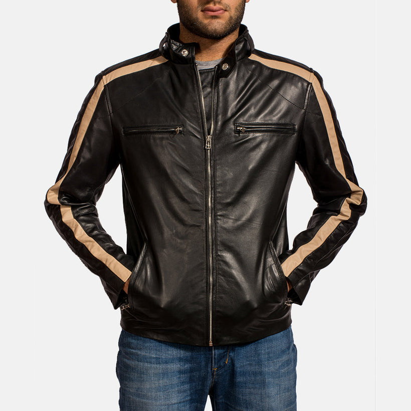 Black Sheepskin Leather Biker Jacket - Back View Showing Tailored Shoulder Fit & Clean Hemline