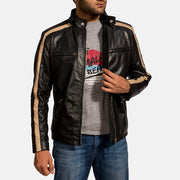 Men's Jack أسود جاكيت بايكر جلد رجالي - Lateral Side Profile View Showing Sleeve Cut &amp; Athletic Taper Fit