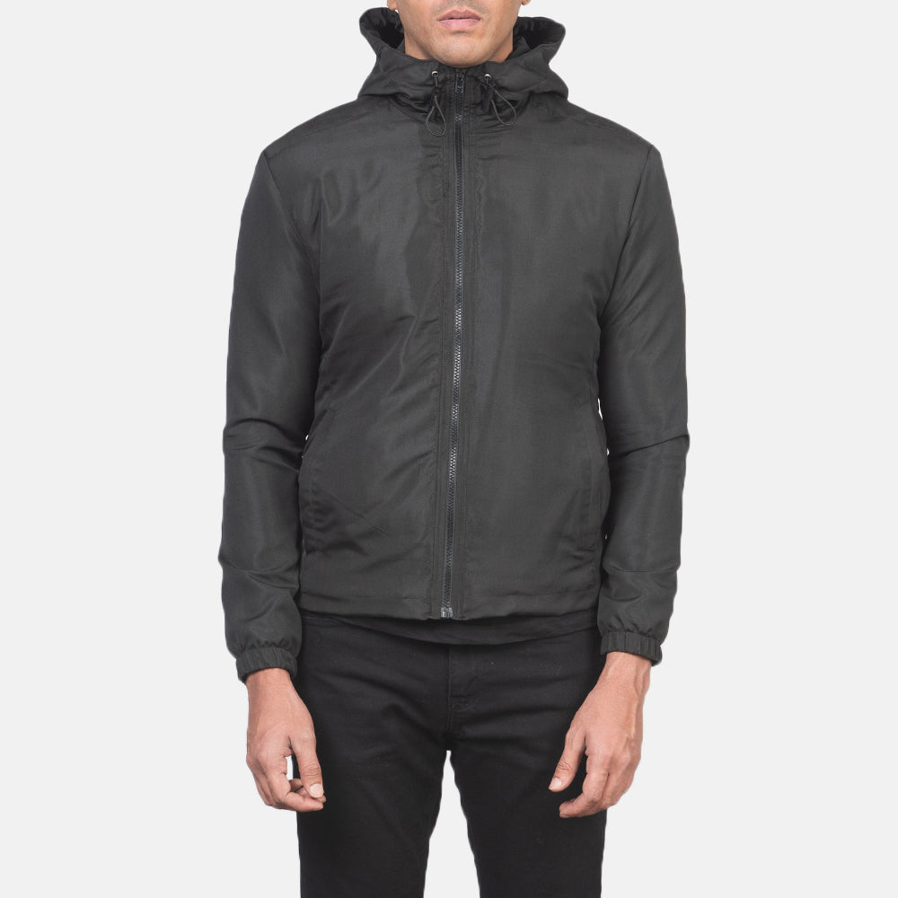 
تفاصيل مقربة of High Neck with Hood & Zipper with wind flap Hardware on Jimmy أسود Hooded Windbreaker جاكيت جلد رجالي