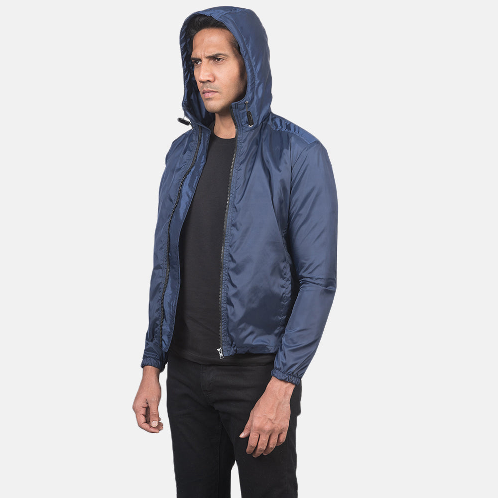 تفاصيل مقربة of High Neck with Hood & Zipper with wind flap Hardware on Jimmy Blue Hooded Windbreaker Jacket