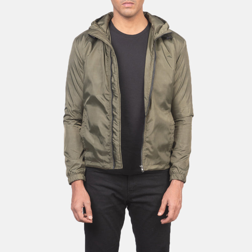 Jimmy أخضر Hooded Windbreaker جاكيت جلد رجالي
