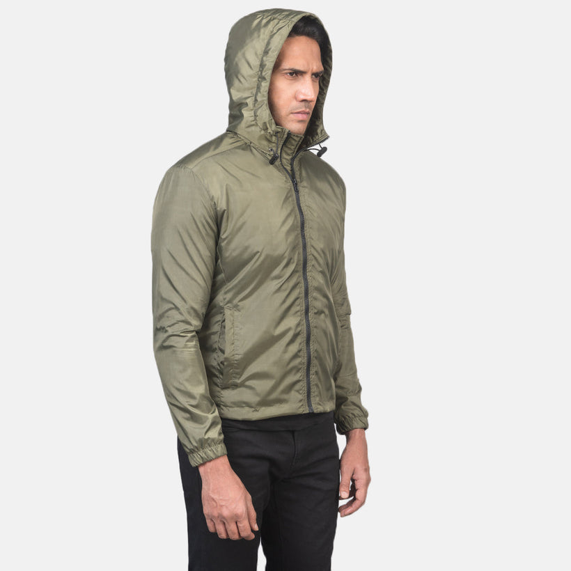 Jimmy أخضر Hooded Windbreaker جاكيت جلد رجالي