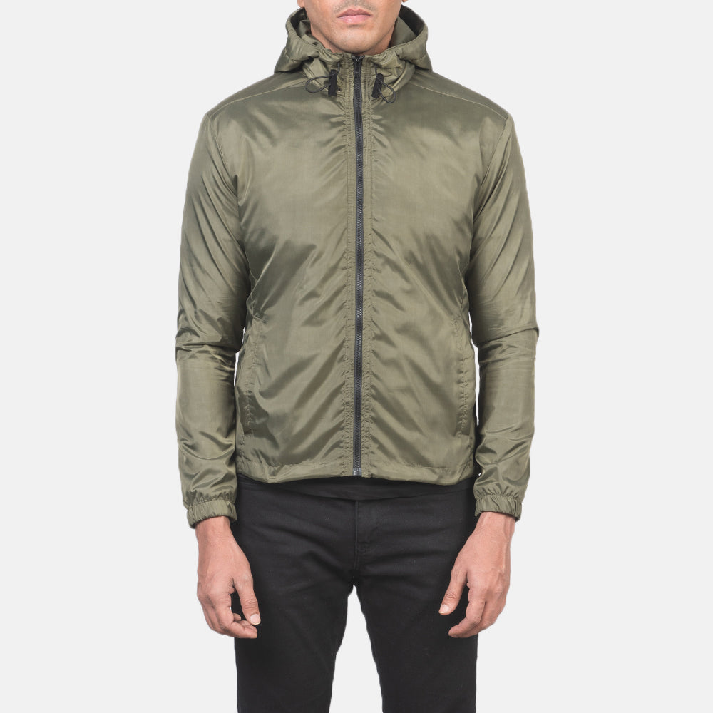 
تفاصيل مقربة of High Neck with Hood & Zipper with wind flap Hardware on Jimmy أخضر Hooded Windbreaker جاكيت جلد رجالي