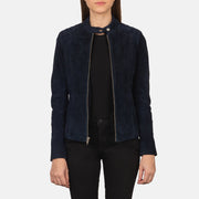 Women's Kelsee Navy Blue Suede Biker Jacket in Navy Blue Goatskin Suede - Front Profile View &amp; Tailored Silhouette | Buy Online
