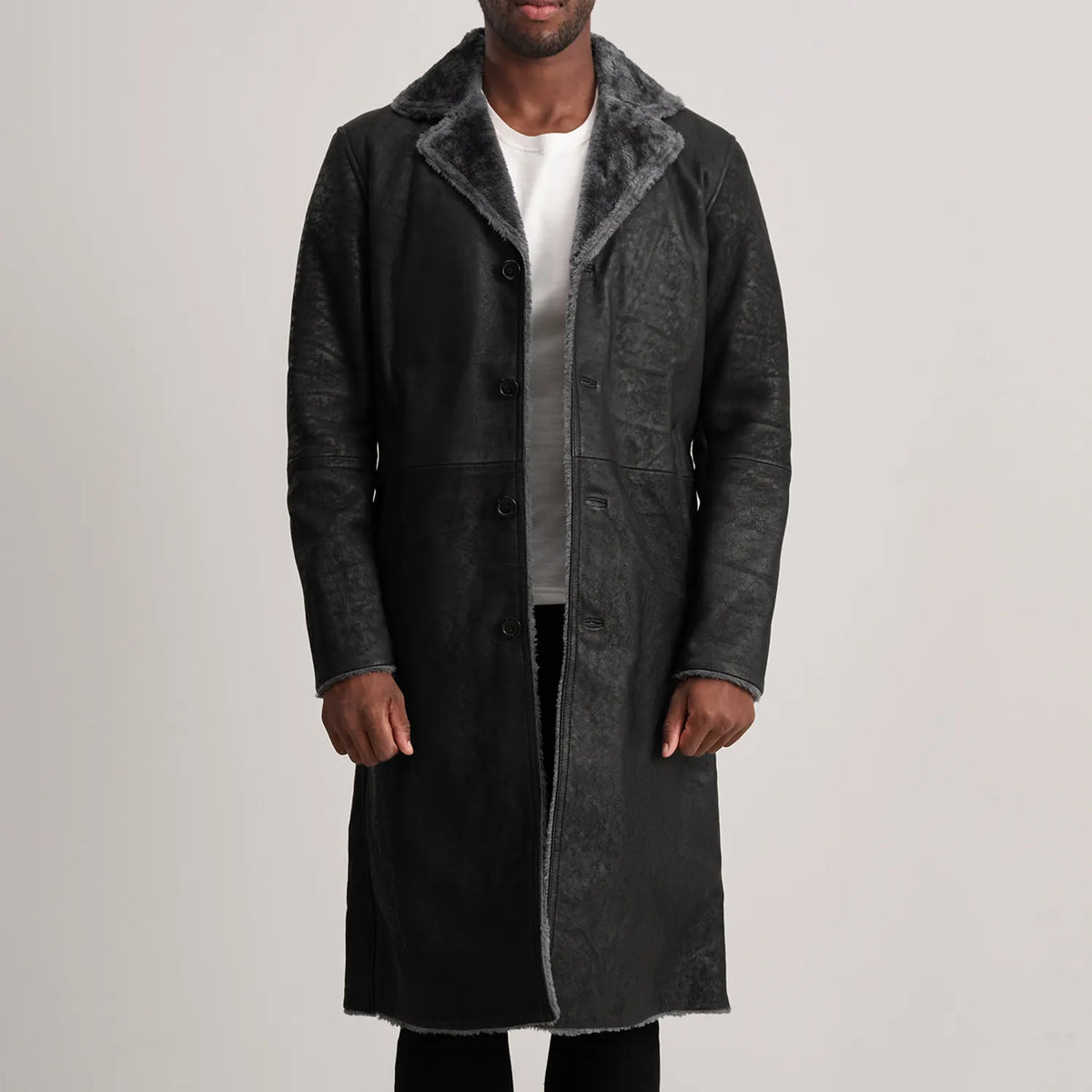 
Kolby Distressed Black Shearling Long Coat in Distressed Black Sheepskin Snuffed - عرض أمامي وقَصّة مفصلة أنيقة | شراء أونلاين عبر المتجر الرسمي