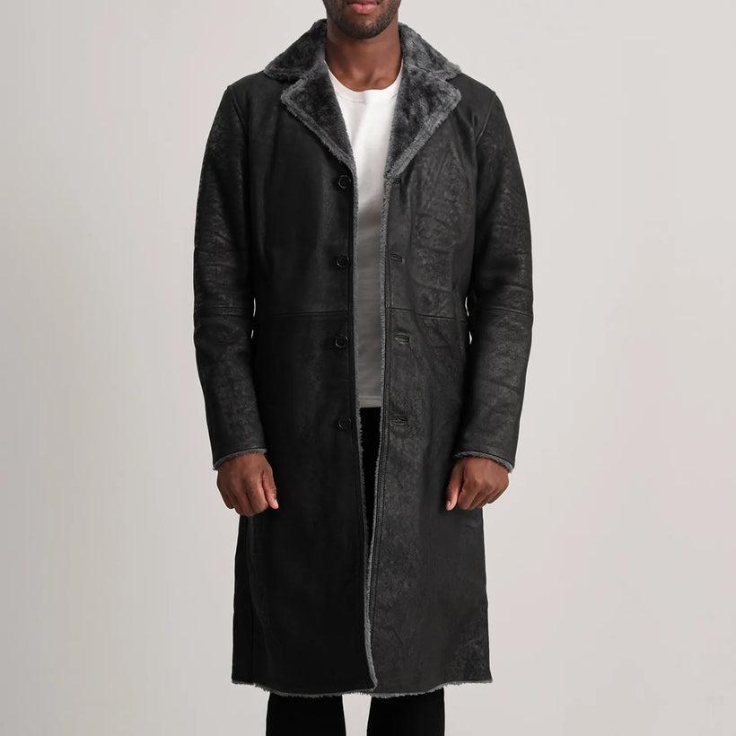 Kolby Distressed أسود Leather Shearling معطف جلد فاخر رجالي