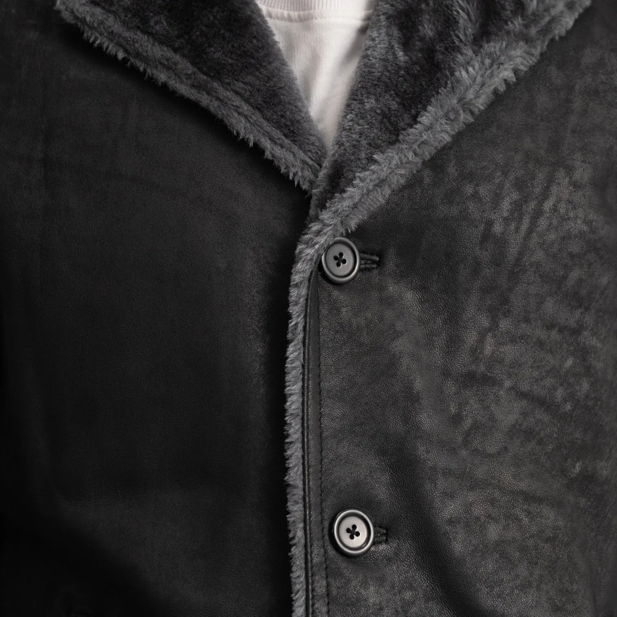
تفاصيل مقربة of Notch & Button Hardware on Kolby Distressed Black Shearling Long Coat