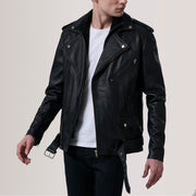 Kole أسود Leather Double Rider جاكيت جلد رجالي For Men in Black Sheepskin Leather - Front Profile View &amp; Tailored Silhouette | Buy Online